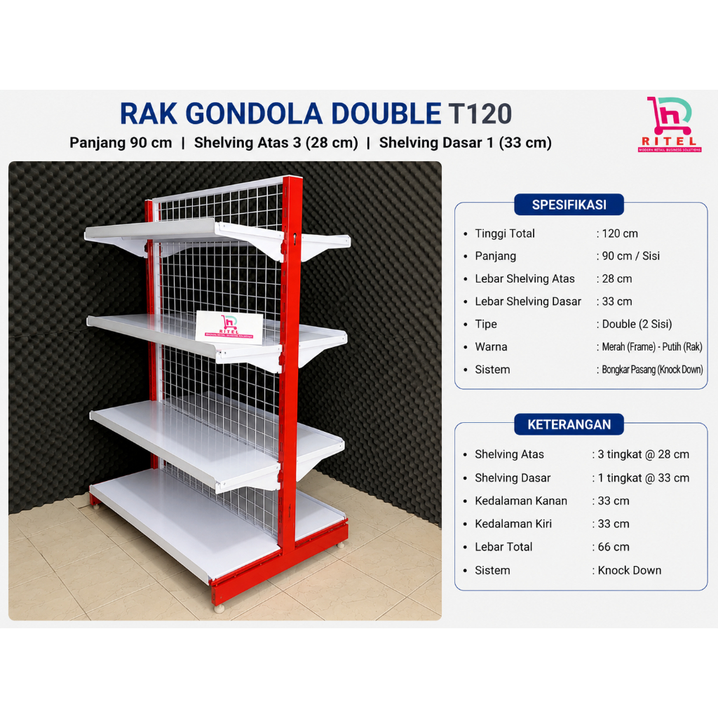 Rak Minimarket Double Gondola 120 Cm Shelving Leg 33 Atas 28cm Tempat Penyimpanan Makanan Rak Snack 