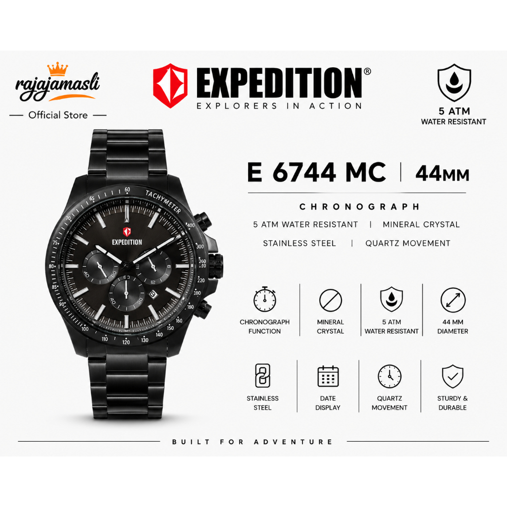 Expedition Chronograph E 6744 MC Jam Tangan Pria Black Dial Stainless Steel Strap 44mm Quartz 5 ATM 