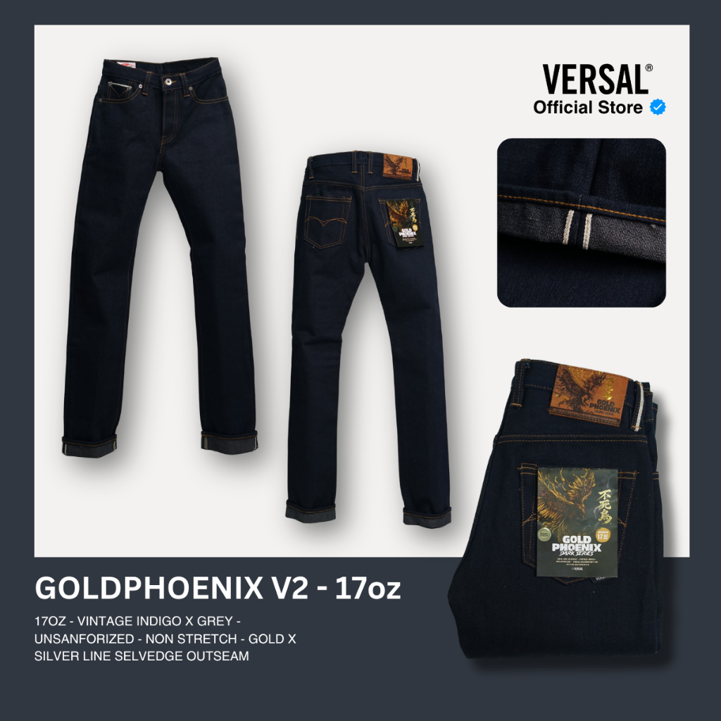 Versal The Finest - GOLD PHOENIX V2 17oz Vintage Indigo x Grey with Gold x Silver Line Selvedge Deni