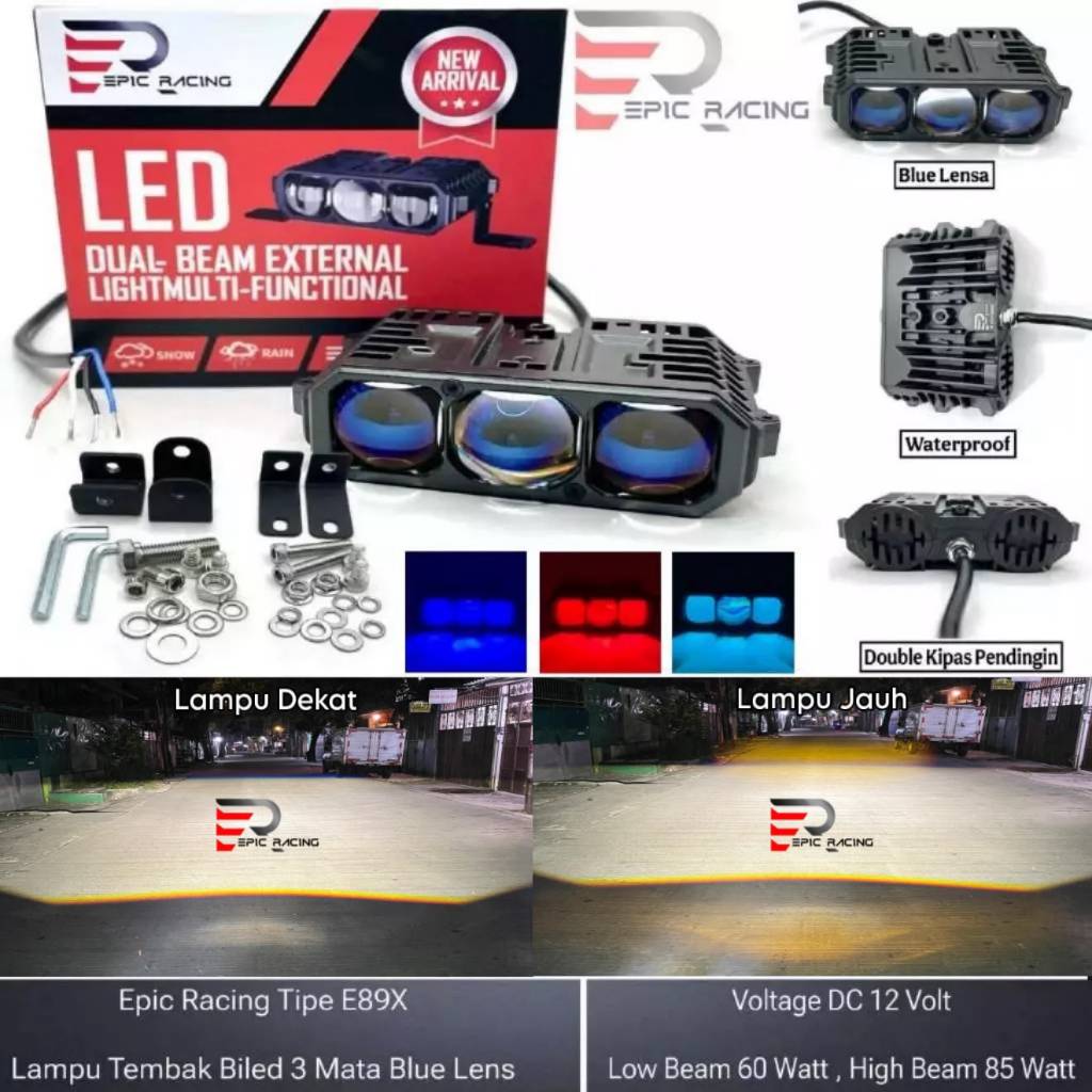 Epic Racing E89X Lampu Tembak Biled 3 Mata Blue Lens 85 Watt Sorot Kabut Super Terang Motor Mobil
