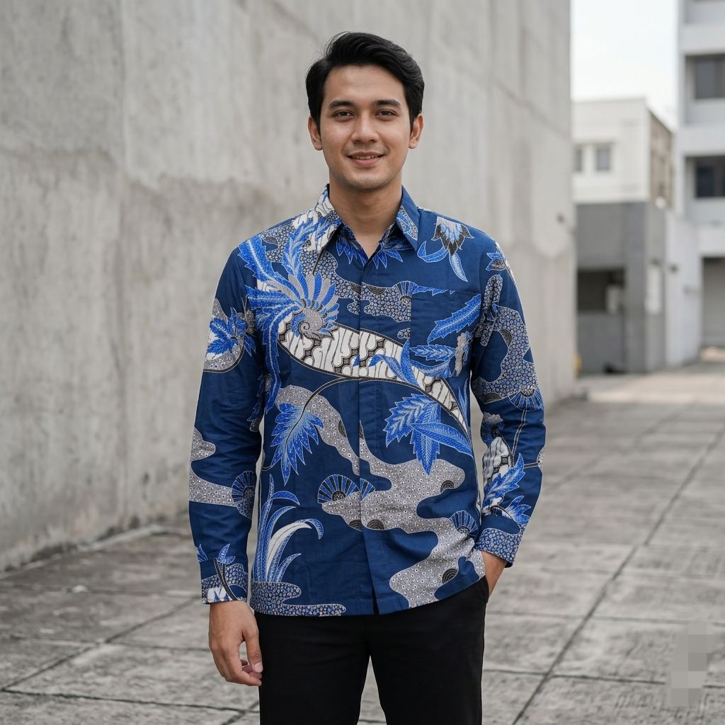Batik Pria Lengan Panjang Biru Navy Bahan Katun Signature - Seragam Batik Pria Pesta Dan Kantor - Fa