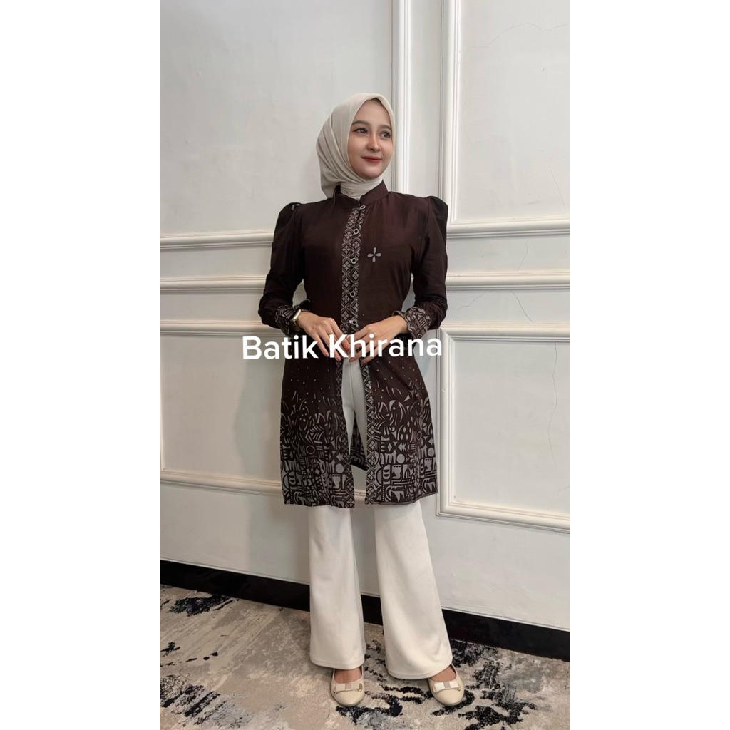 Atasan Batik Wanita Tunik Seragam Batik Tunik Kancing Depan Tunik Maheswari Warna Burgundy Mahogany
