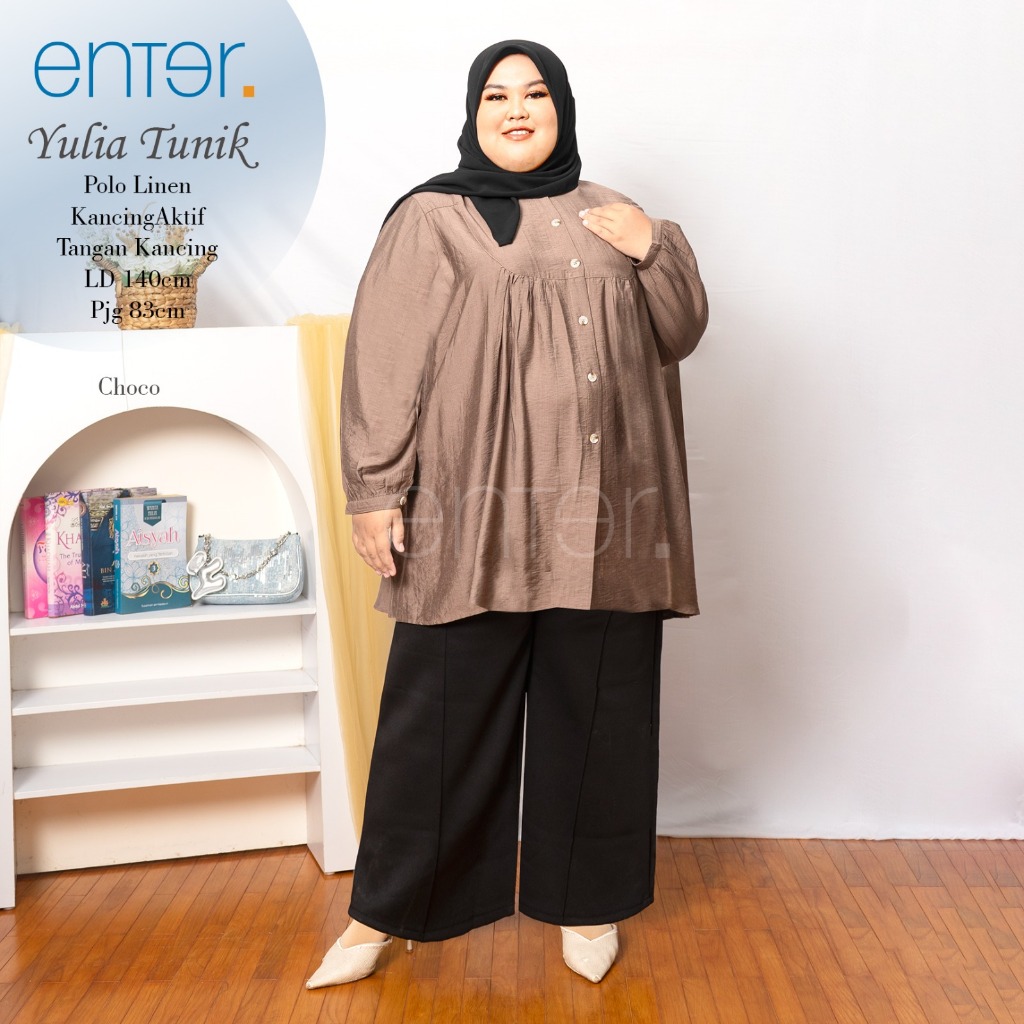 enter atasan jumbo wanita kekinian ld 140 yulia tunik motif polos mat polo linen