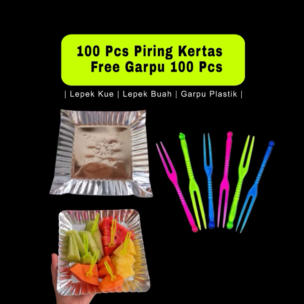 Piring Kertas Kue/Buah 100 Pcs. Bonus 100 Pcs Garpu. || Lepek Kue||Lepek Buah||