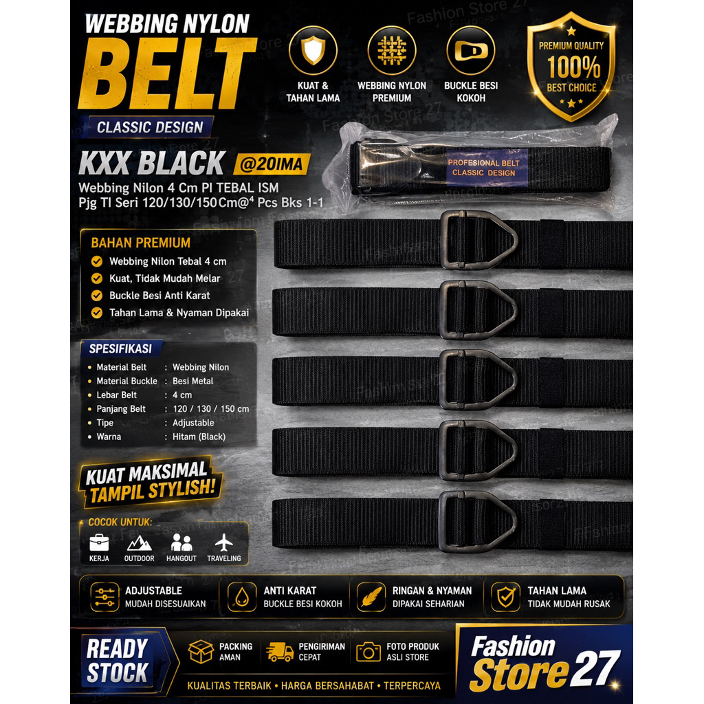 Ikat Pinggang Pria Tactical KXX Black Webbing Nylon Tebal 4cm Adjustable