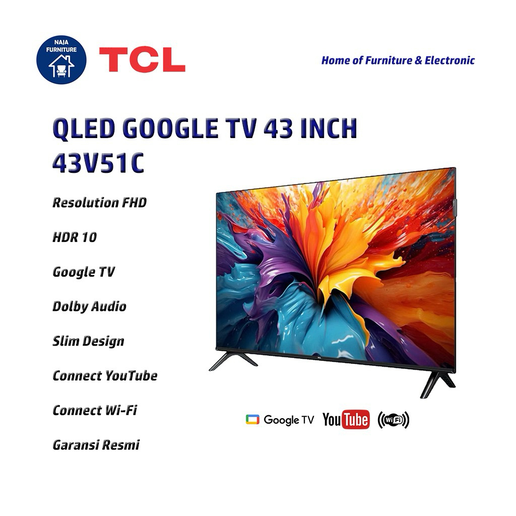 TCL QLED 43 Inch Google TV 43V51C | TCL 43 Inch Google TV | QLED TV TCL Garansi Resmi | Dolby Audio 