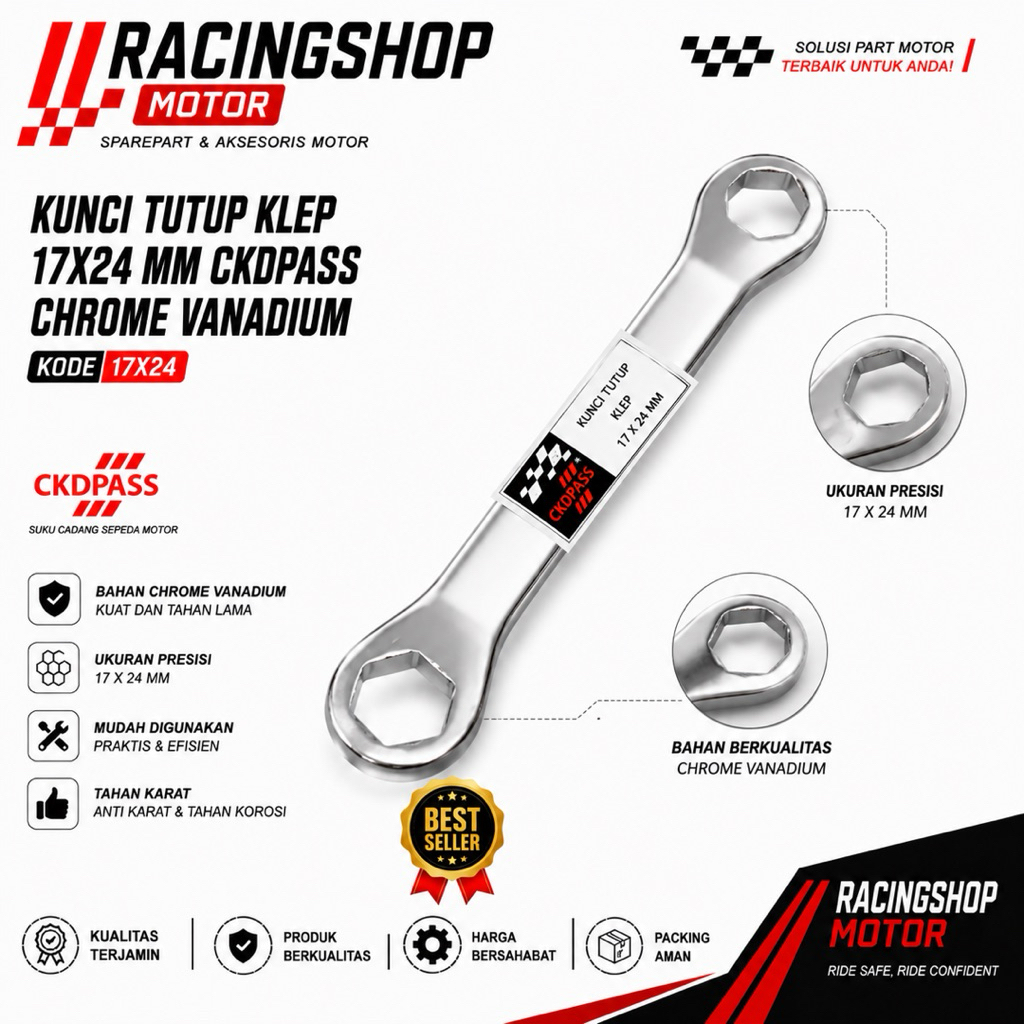 KUNCI SETELAN KLEP 17 - 24 CKDPASS CHROOM ORIGINAL - Kunci Ring Pas Buka Tutup Klep Yamaha Mio Honda