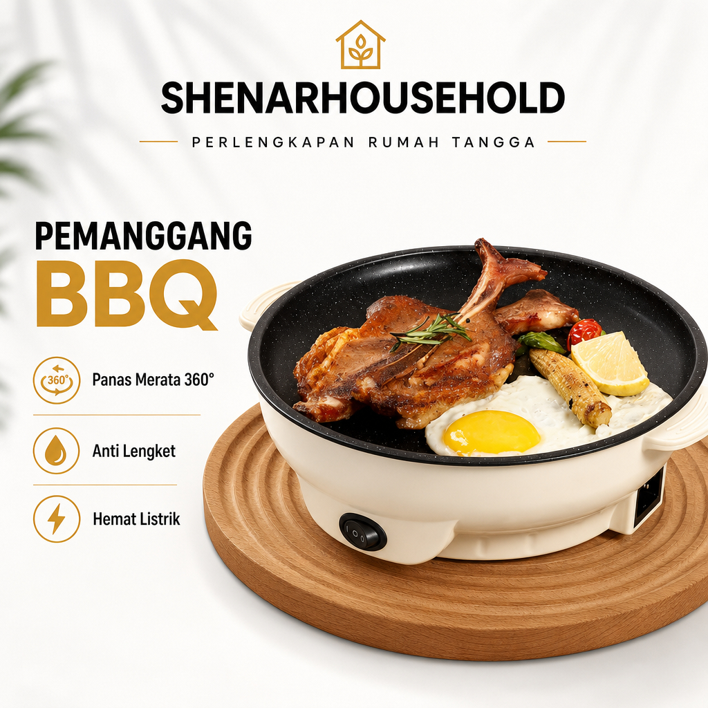 Panci Elektrik BBQ Alat Pemanggang Listrik Teflon Anti Lengket Penggoreng Pan Grill Bulat Serbaguna 