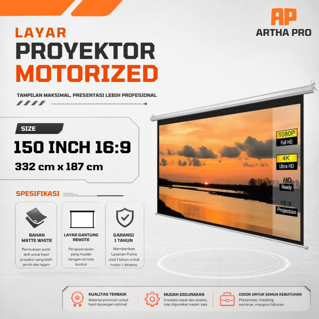 Screen projector motorized 150 inch 16:9 | Layar proyektor otomatis 150