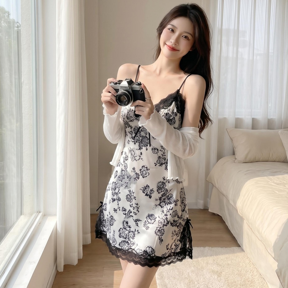 AKLOVER Gaun terusan porselen biru putih bergaya Cina dengan bantalan bra.