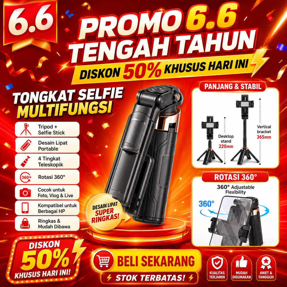 Promo 6.6 Tongkat Selfie HW Tongsis Tripod Bluetooth Multifungsi Selfie Stick Aluminium StabilDengan