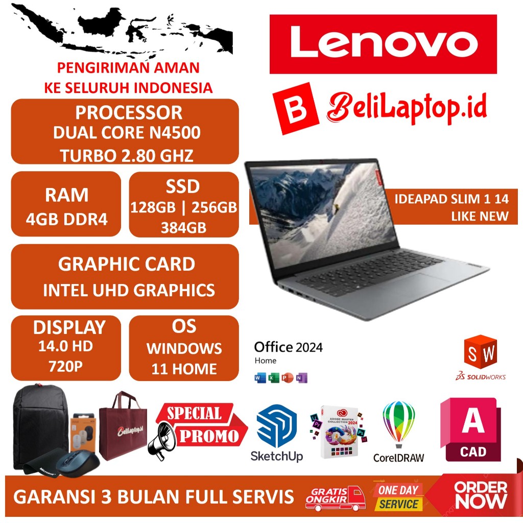 LAPTOP LENOVO IDEAPAD SLIM 1 14 INTEL N4500 4GB 256GB SSD HD WINDOWS 11 HOME CLOUD GREY EX DISPLAY