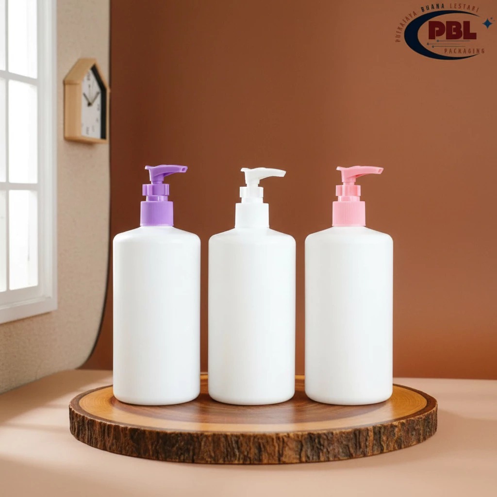 Botol Pump HS 500ml Putih - Tutup Pump Cli Oil Bergaris Neck 24 Varian Warna /  Botol Plastik Pet / 