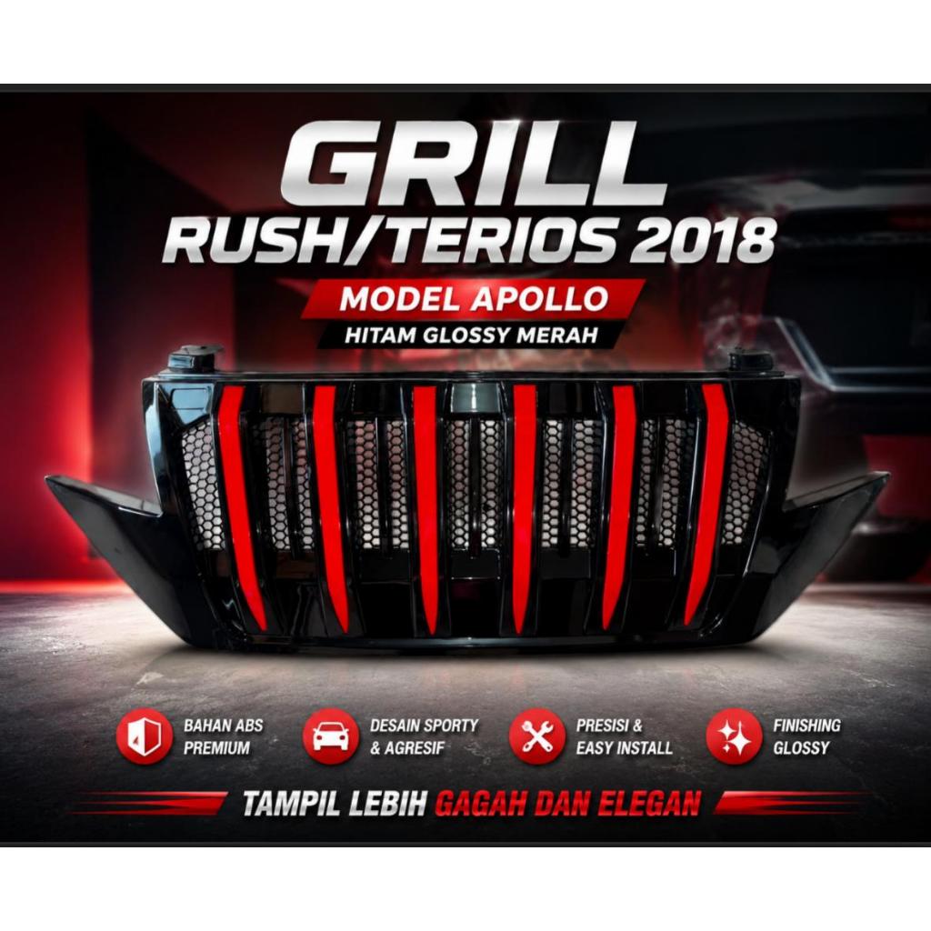 GRILL RUSH/TERIOS 2018 - 2022 APOLLO HITAM GLOSSY MERAH | GRILL BUMPER DEPAN RUSH 2018 APOLLO