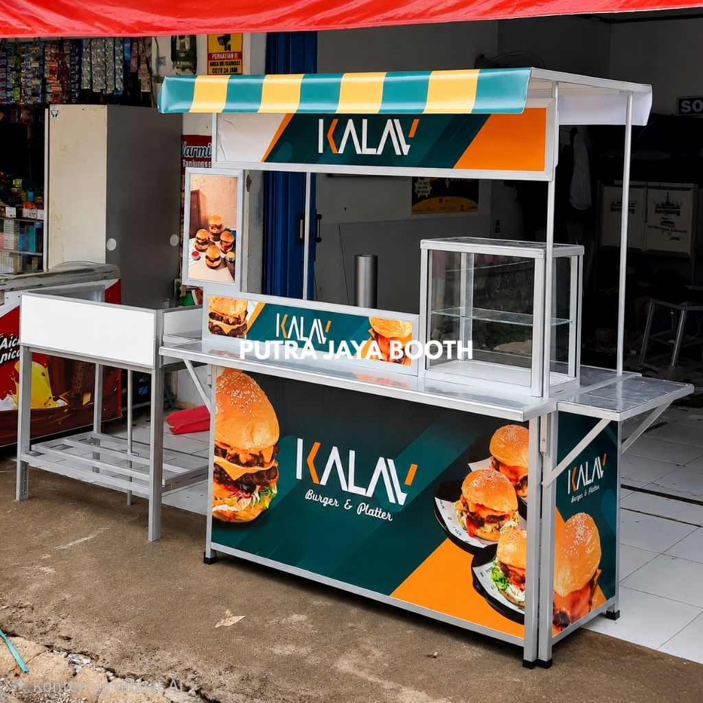 Booth Portable Gerobak Lipat + Etalase Kotak + Meja Kompor 2 Tungku + Bergambar