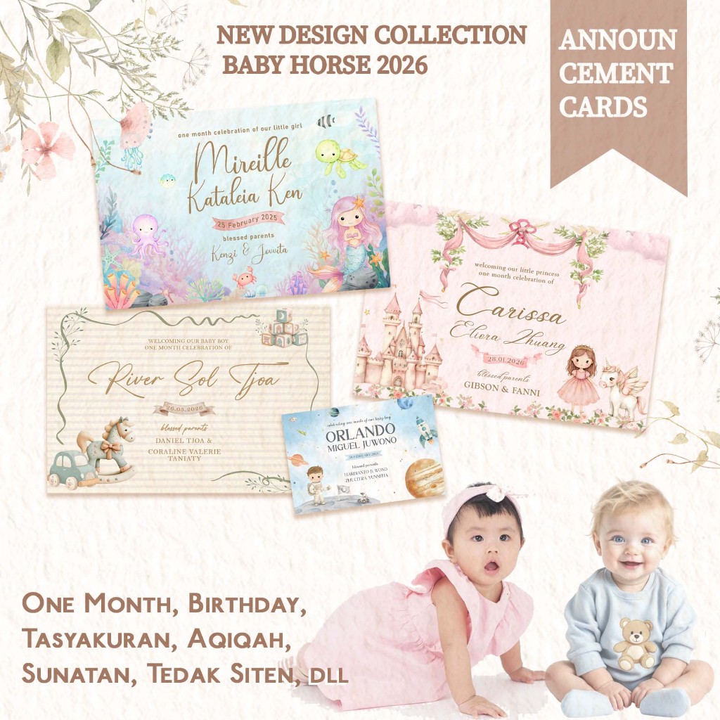 NEW DESIGN Kartu Ucapan baby Girl & Boy / Undangan Satu Bulanan One Month Baby Manyue Manyek Tasyaku
