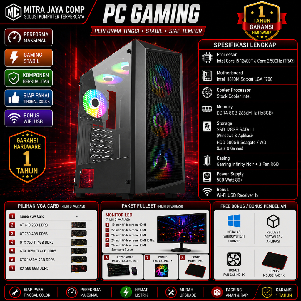 Paket PC Gaming Fullset Intel Core i5 12400F GTX 1650 HDD SSD Monitor 24 Inch