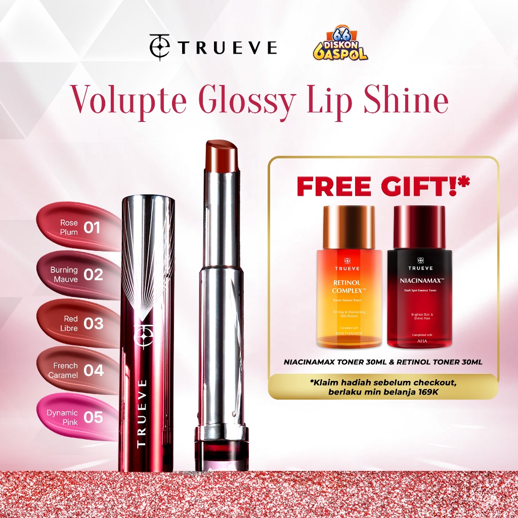 TRUEVE Volupte Glossy Lip Shine - 3in1 Innovative Hybrid Lip Shine 5 HD Colors Merawat Melembapkan L