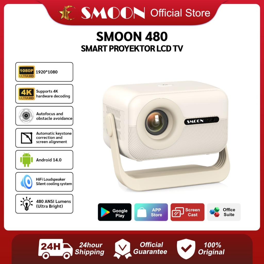 SMOON 480 Ultra Smart Projector LCD TV - Proyektor Pintar - 480 ANSI Lumens - TV Android - Fokus Oto