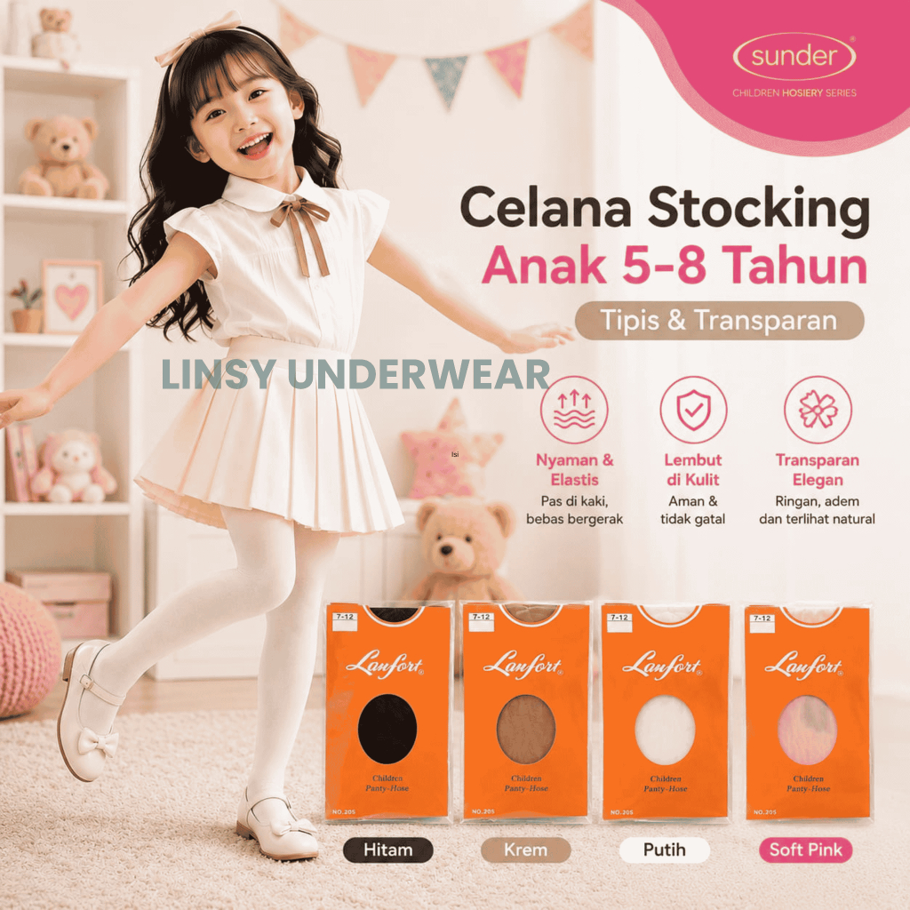 Stoking Anak Perempuan 5-8 Tahun Stocking Celana Anak Warna Kulit Hitam Pink Putih Transparan