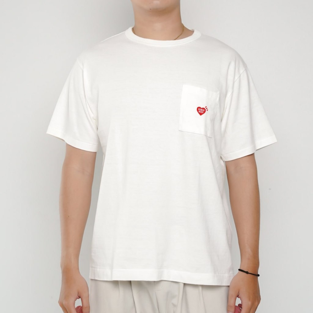 Kaos HUMAN MADE POCKET RED EMBROIDERY WHITE TSHIRT 100% ORIGINAL