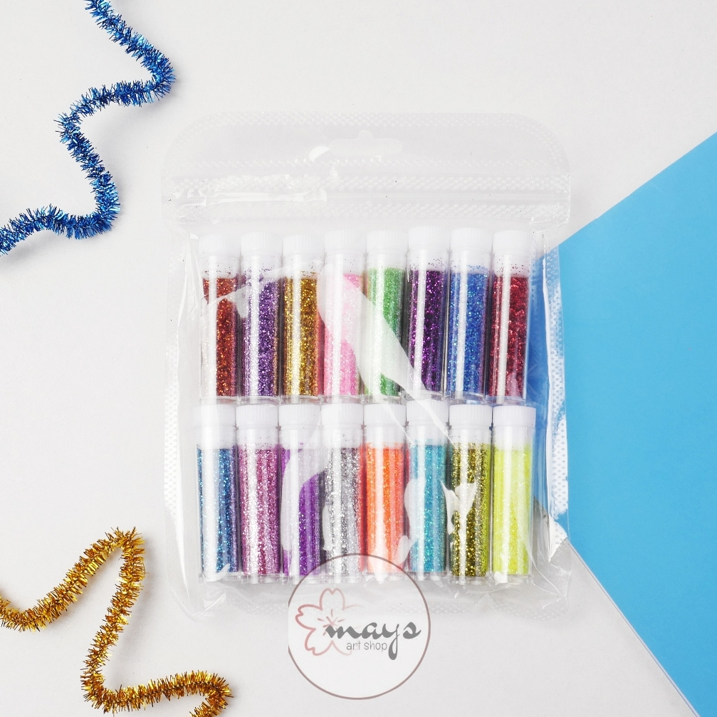 Glitter Bubuk Pouch Bag Set 16 Warna Warni / Glitter Powder / Serbuk Gliter Glossy Akrilik Mahar Sli