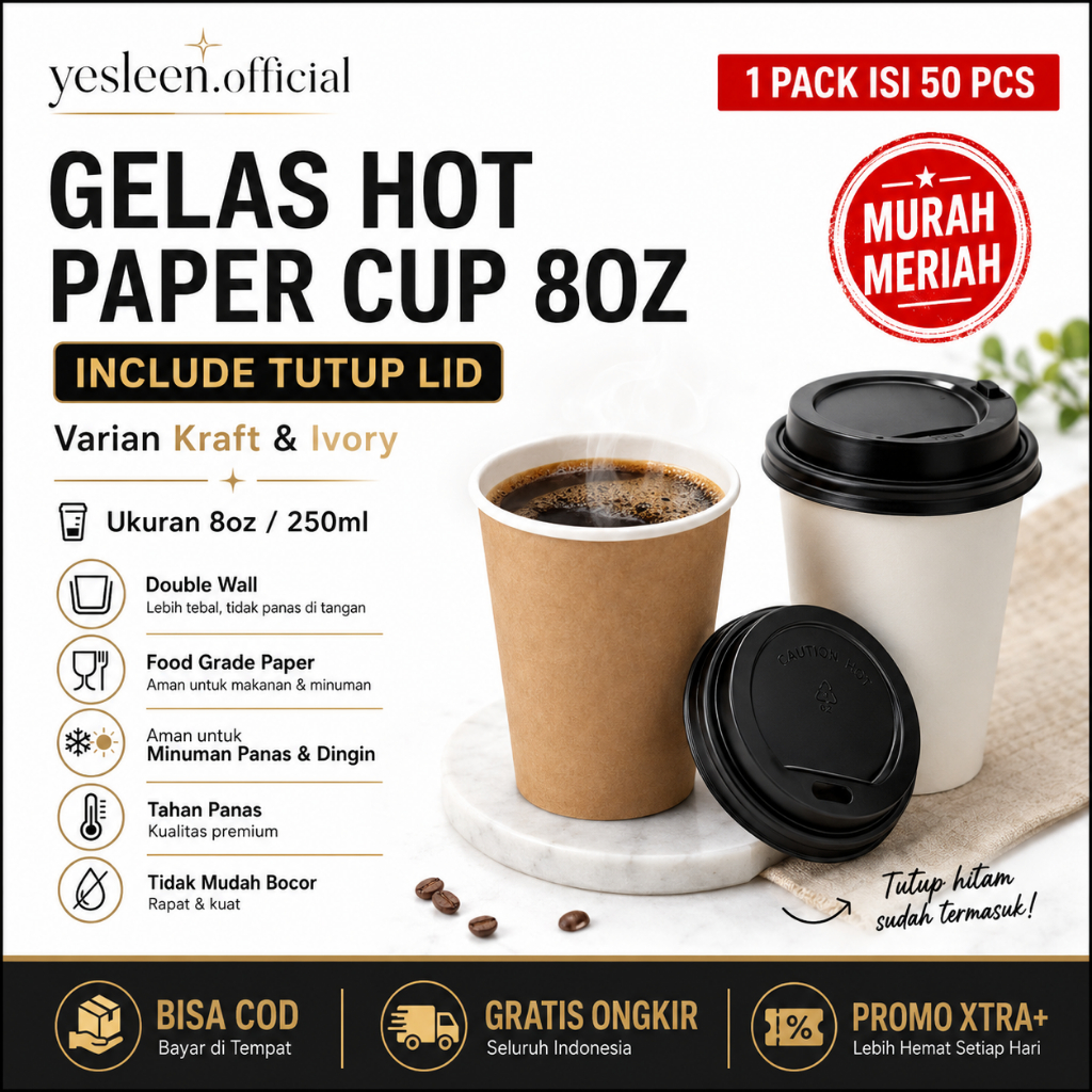 Paper Cup 8oz Gelas Kertas Kopi Tebal Tahan Panas Kraft Ivory Plus Tutup Lid Praktis Ramah Lingkunga
