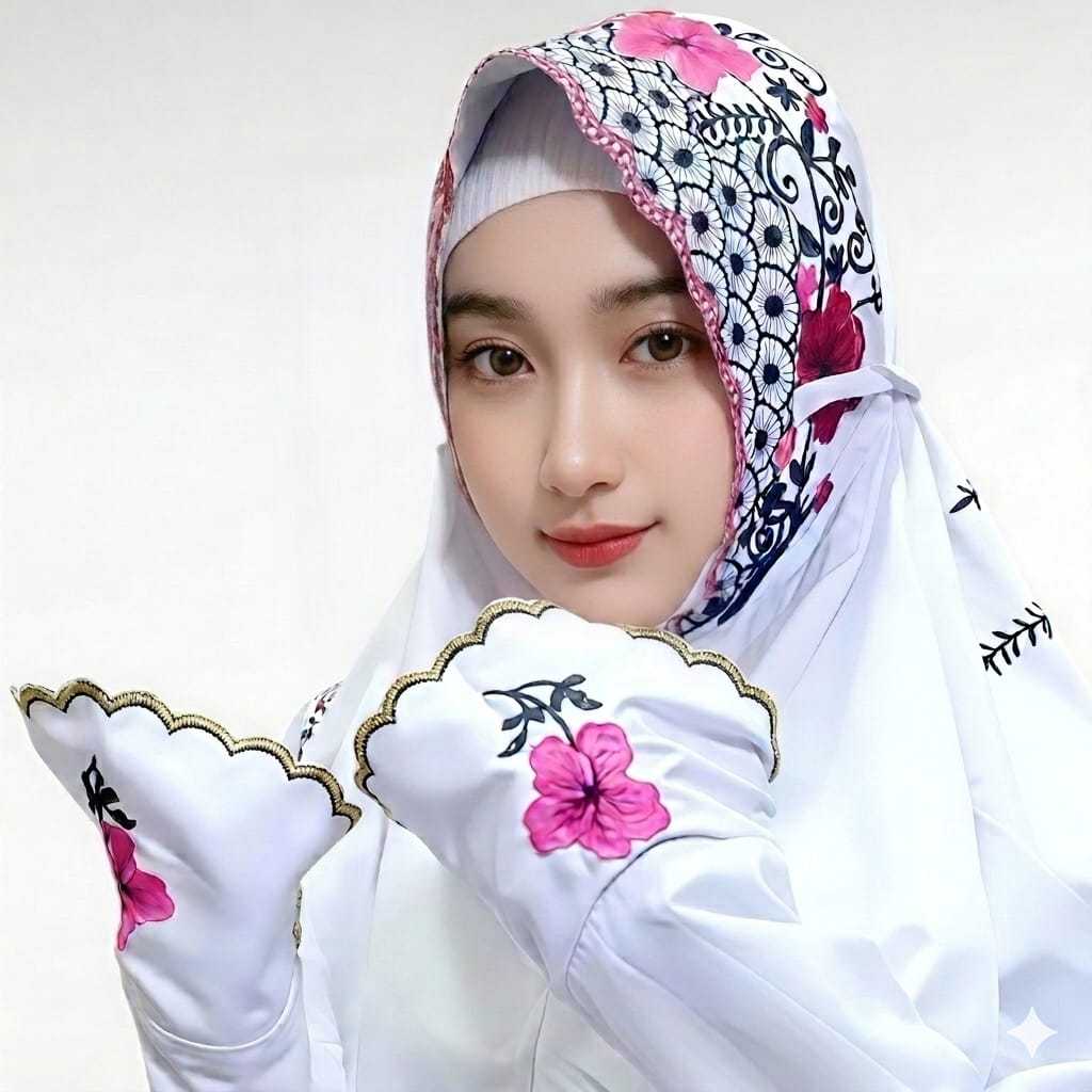 Mukena Terusan Bordir Bunga Sepatu | Katun Mikro Premium | Elegan & Mewah untuk Ibadah