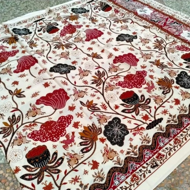 TERLARIS!!! ORIGINAL KAIN BATIK LAWEYAN SOLO (KATUN) MOTIF ENCIM MAROON BUNGA TERATAI AKAR HITAM MER