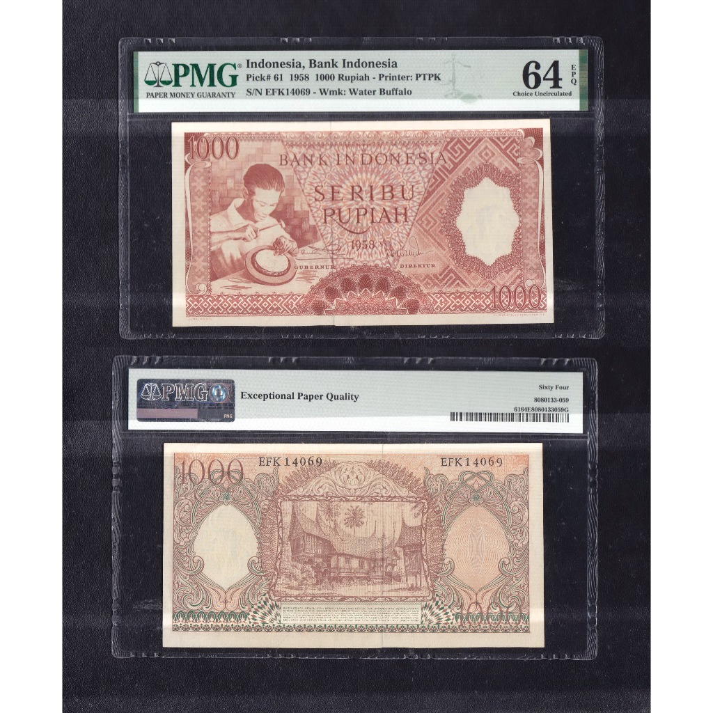 Uang kuno PMG 64 EPQ - 1000 rupiah tahun 1958 seri Pekerja S/N ... EFK14069
