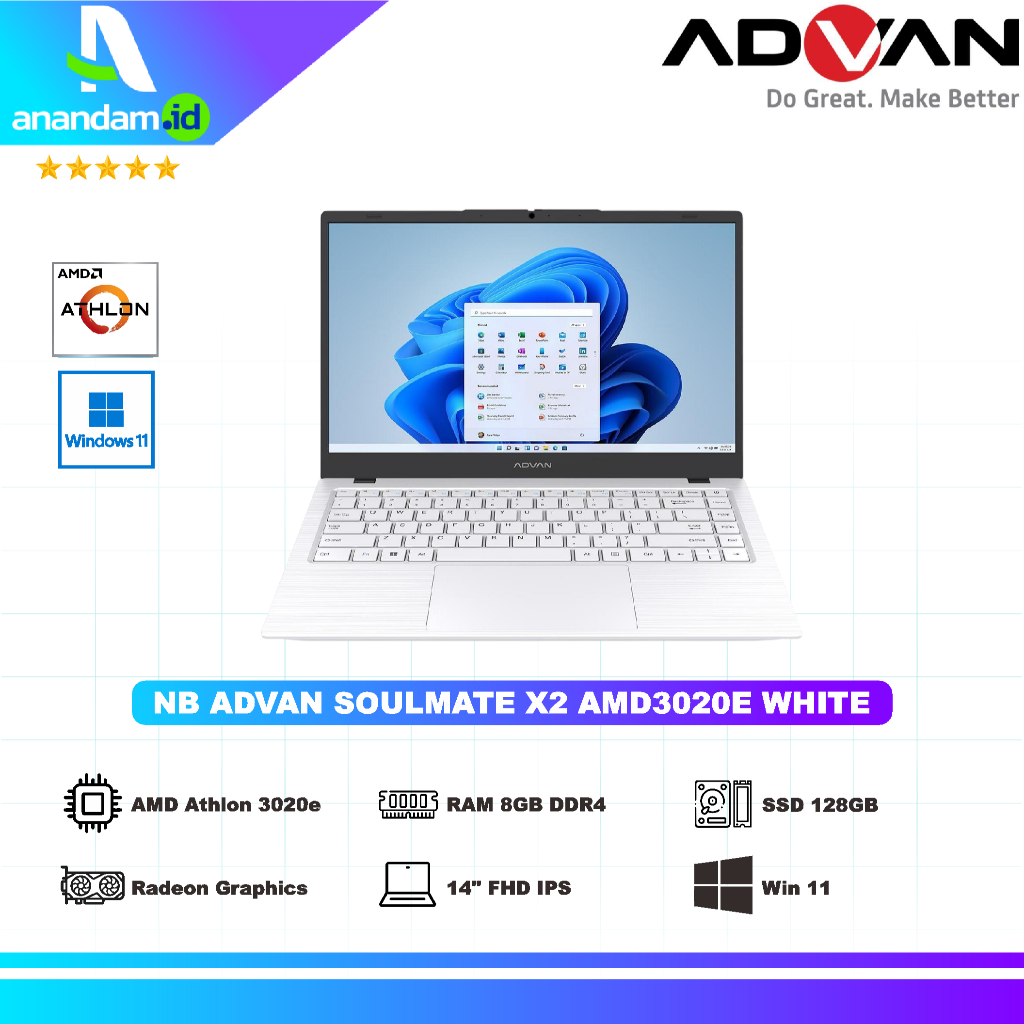 Advan Soulmate X2 AMD 3020e – AMD 3020e | 8GB | 128GB SSD | 14” FHD IPS | Win11 | White