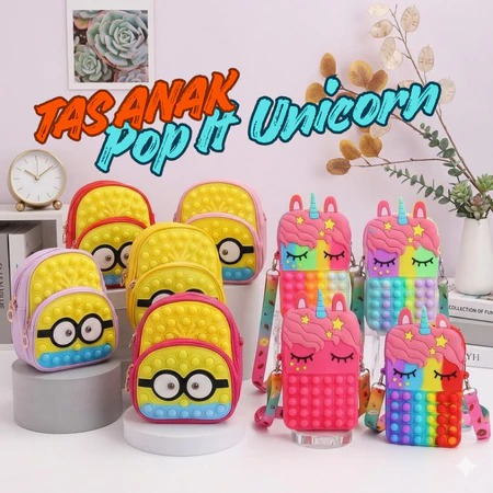 Tas Pop It Anak Motif Unicorn Pop It Minions Gamblok Gelembung Sensory Mainan Anak Size Kecil Tas An