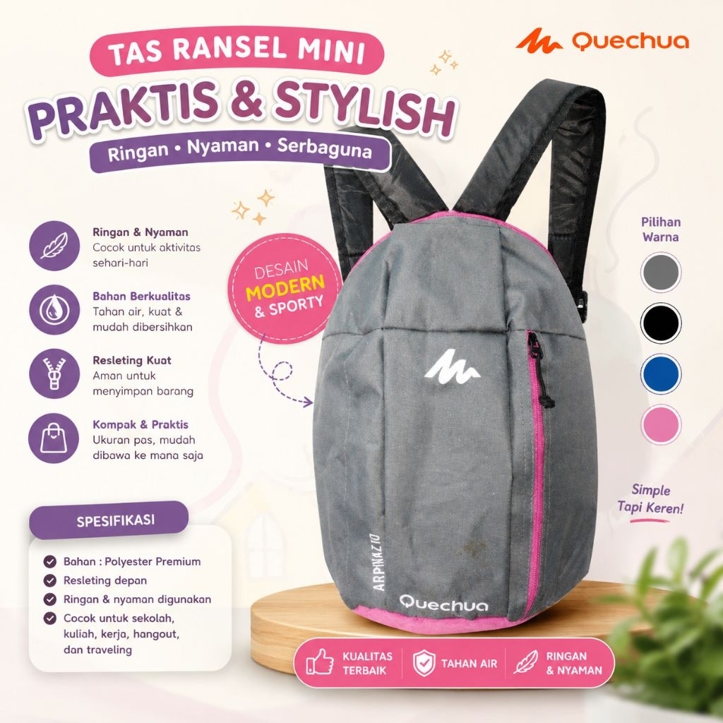Tas Ransel Mini Quechua Arpenaz 10L Abu Pink Original | Second Like New | Ringan & Praktis