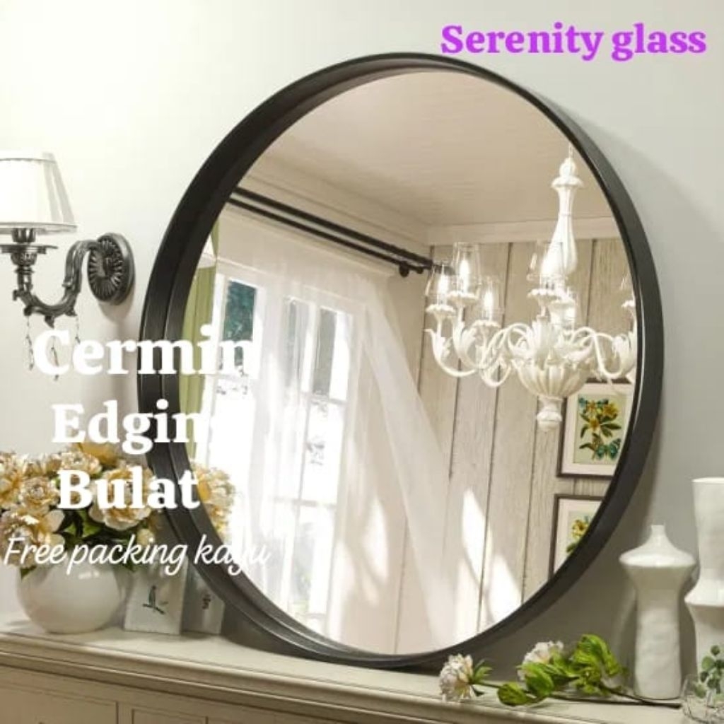 Serenity glass Cermin bulat edging 3mm free packing kayu