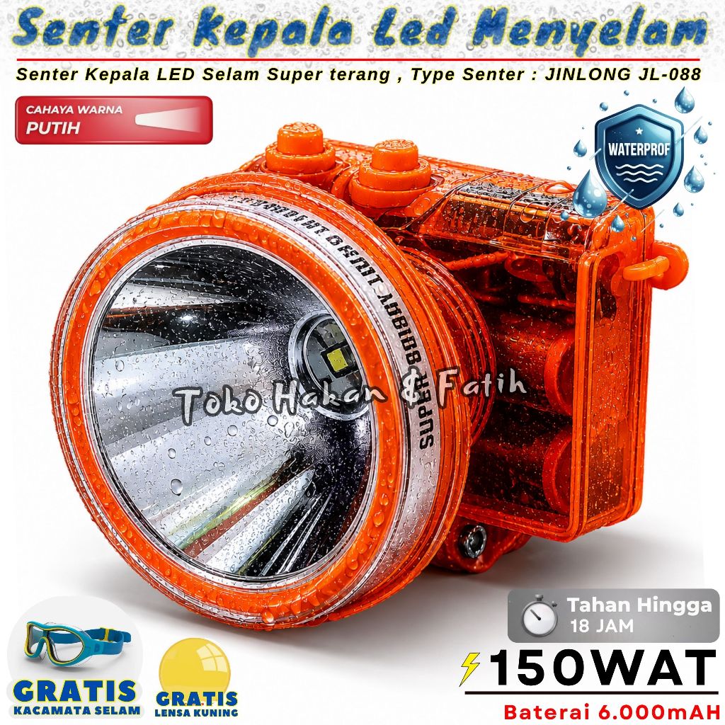 Promo~Headlamp Senter Kepala Selam Super Terang | JINLONG JL-088 , Daya 150 Watt , Kapasitas Baterai
