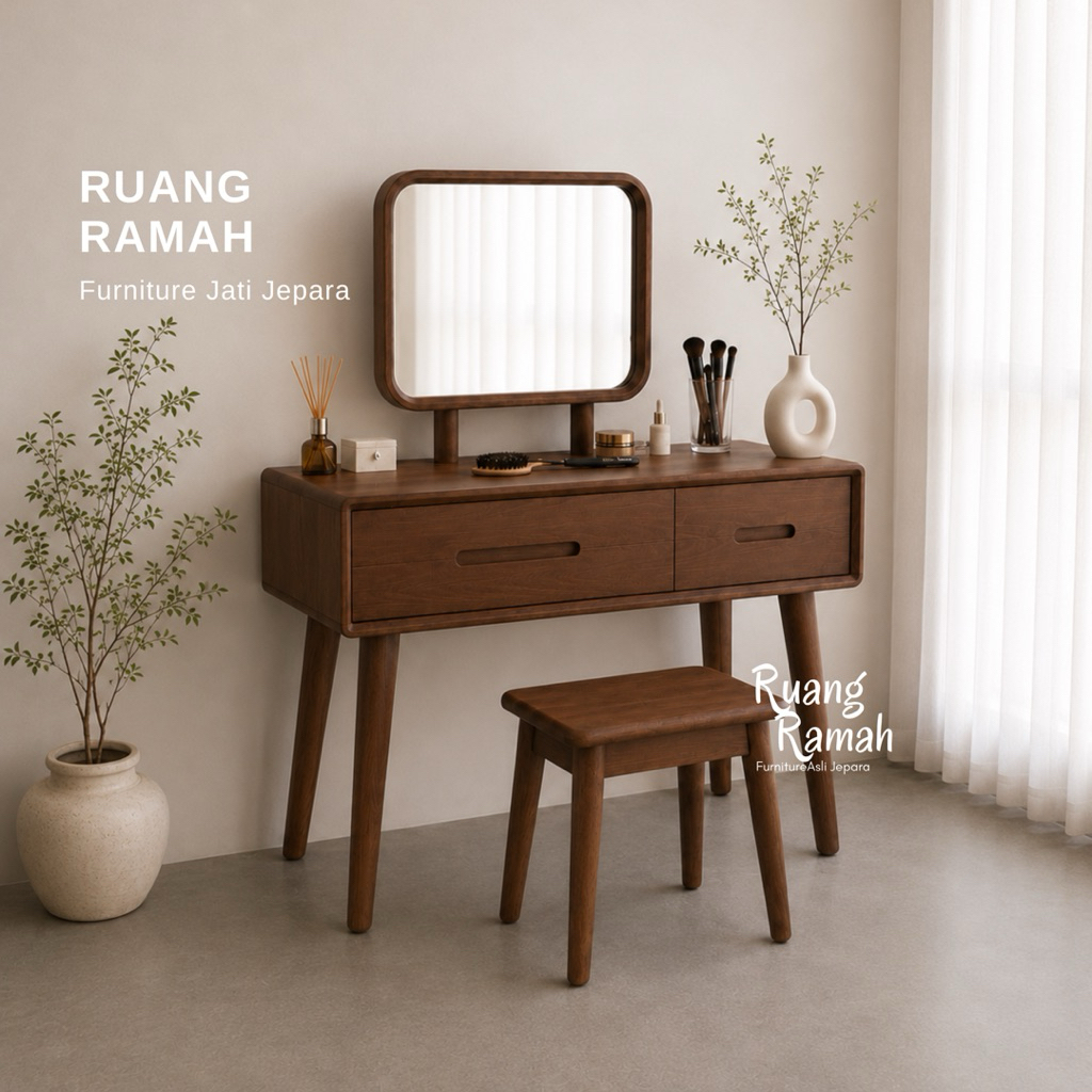 Meja Rias Minimalis Jati | Meja Rias Aesthetic Kayu | Meja Tolet Modern Japandi | Set Meja Rias + St