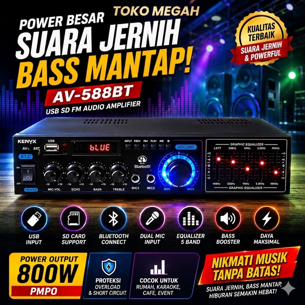 Amplifier FLECO AV-588BT Fitur Komplit Bluetooth / Karaoke / USB / SD Card / Radio FM / Remot | Ampl