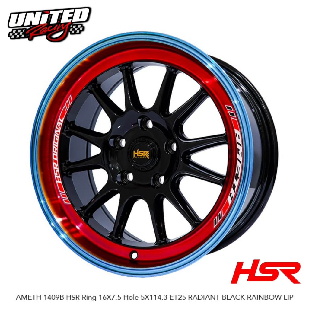 VELG HSR RACING R16 PCD 5X114,3 ET25 RADIANT BLACK RAINDBOW LIP COCOK UNTUK MOBIL INNOVA CAMRY BMW T