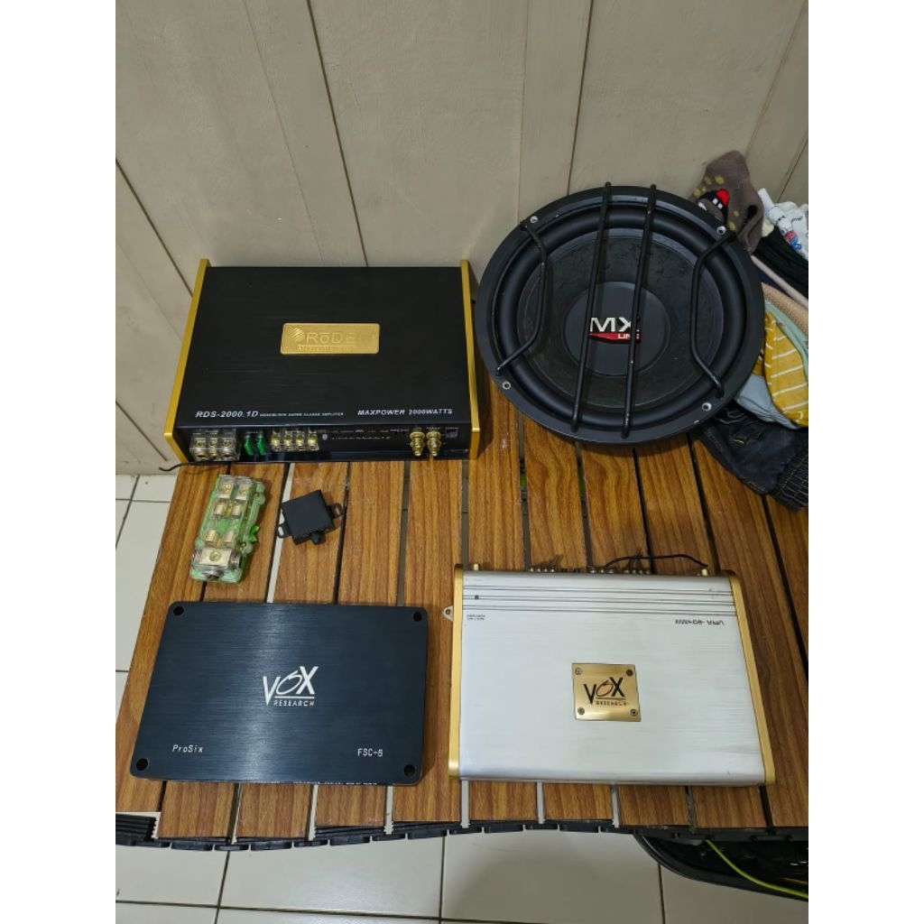 PAKET AUDIO PROSESOR VOX RESEARCH/MONOBLOCK RODEK/POWER 4CHANELL VOX RESEARCH/SUBWOOFER 10INCH MX LI