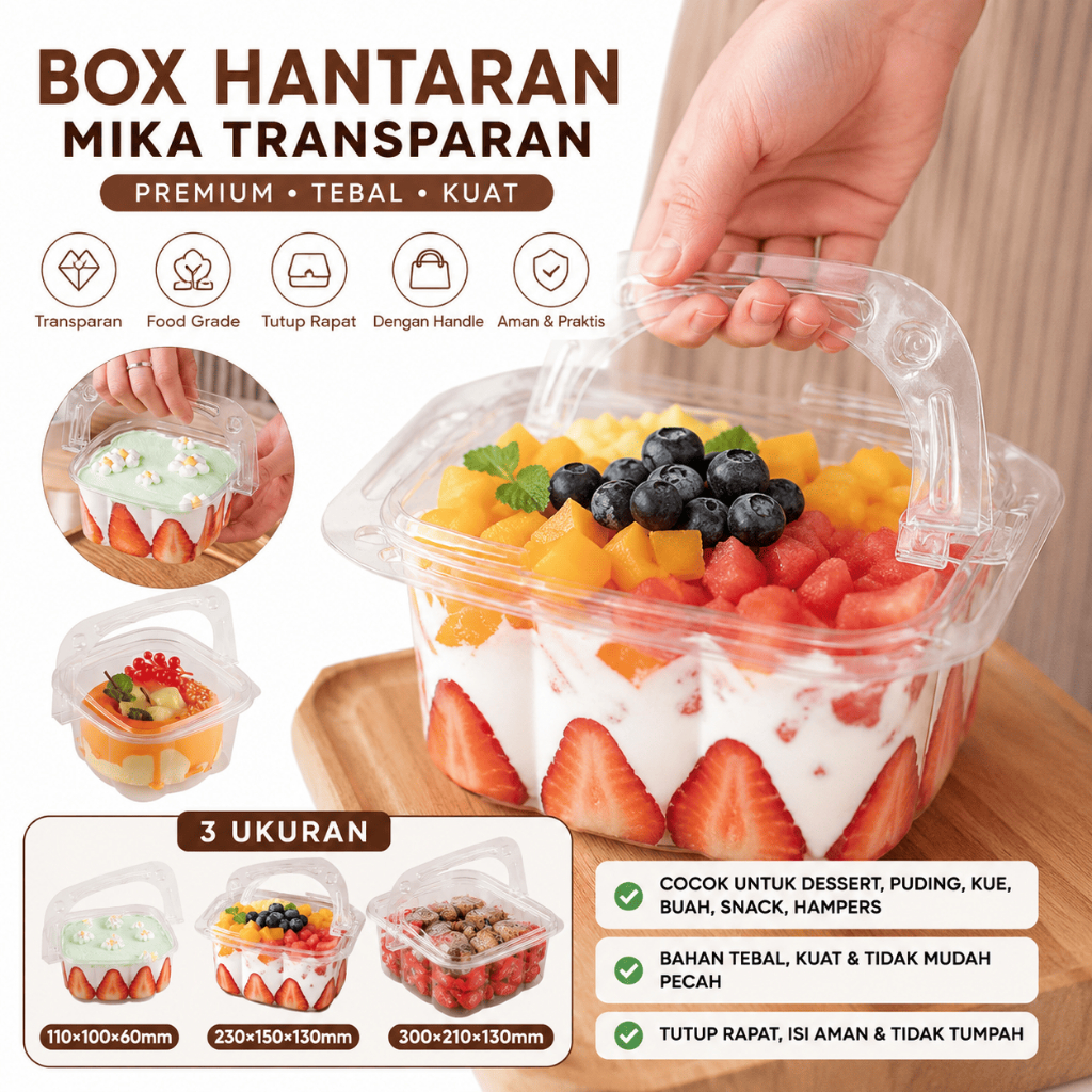 Box Hantaran Mika Transparan Dengan Handle Kotak Dessert Puding Buah Snack Hampers