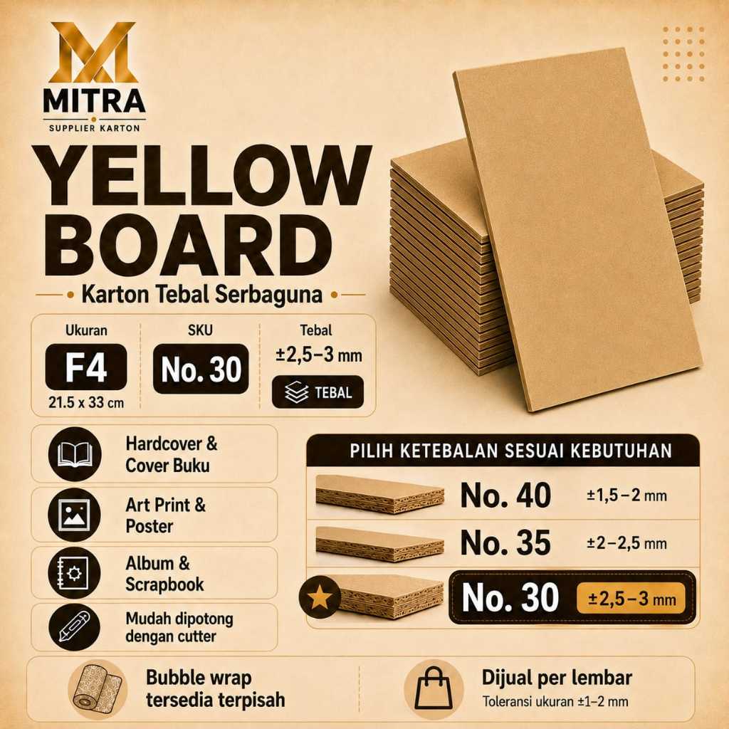 Yellowboard No 30 F4 21.5x33 cm Tebal 2.5-3mm Karton Board untuk Packing Photocard