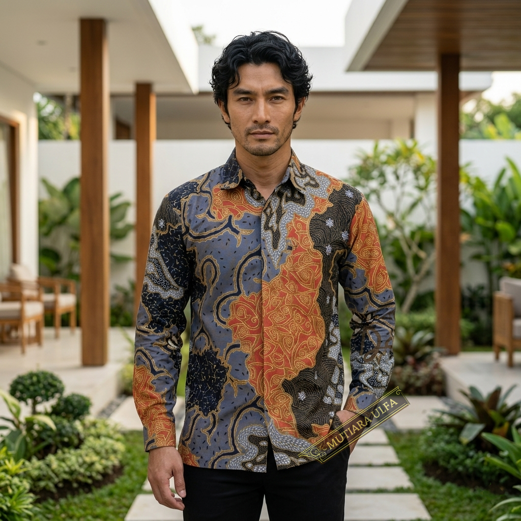 Kemeja Batik Pria Lengan Panjang Premium Adem Halus Regular Fit Motif Jalak Abu - Mutiara Ulfa Colle