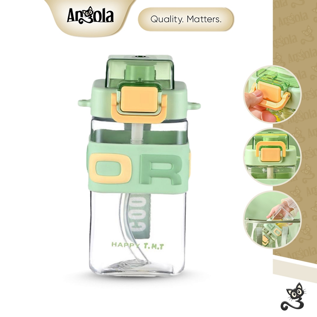 ANGOLA Botol Minum W08 Tumbler Travel Dengan Sedotan Tali Strap dan Penutup Anti Tumpah Sekolah Kerja Kantor Olahraga Gym