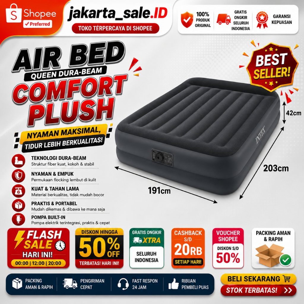 INTEX Kasur Angin Durabeam Queen 203cm x 191cm x 42cm Pillow Airbed 64124 PROMO kasur angin + pompa 