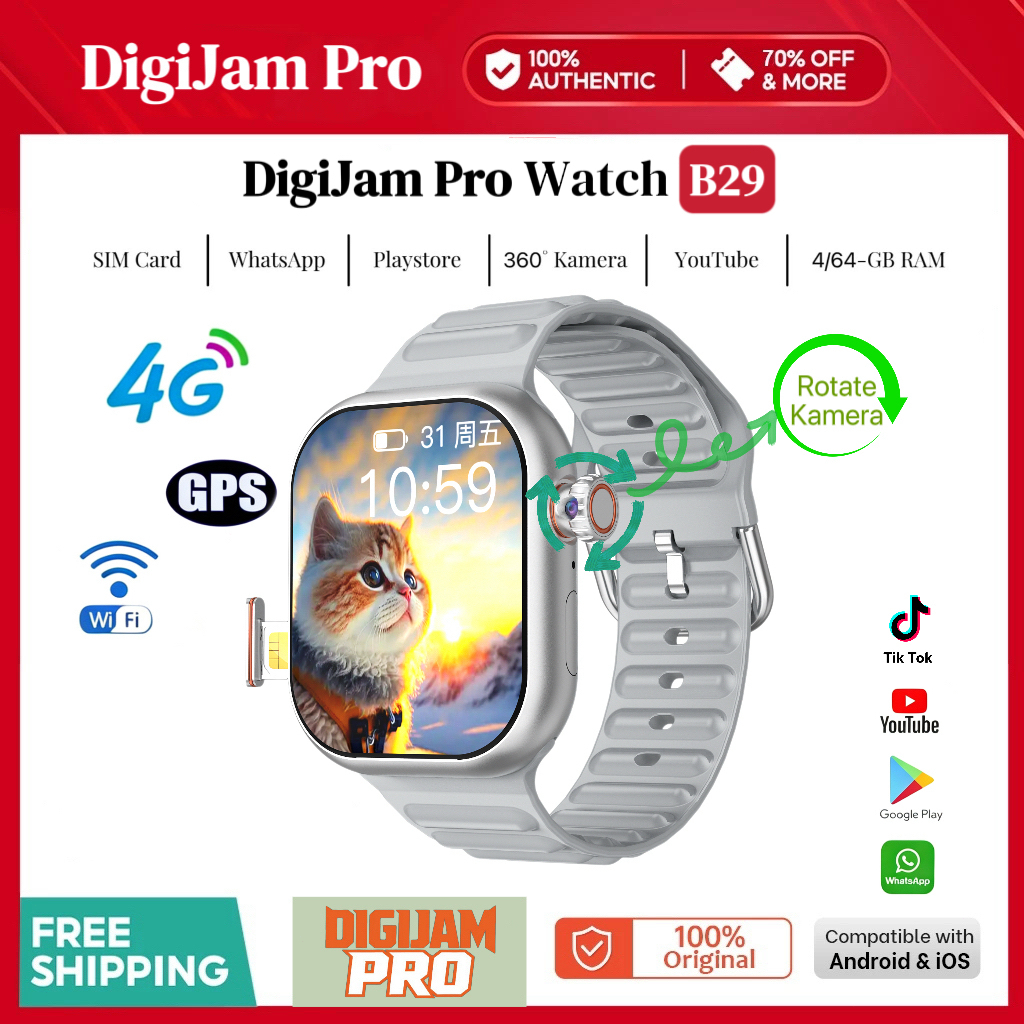 [360° Putar kamera] DigiJam Pro Smartwatch B29 4G/5G SIM Card 4+64GB Wifi Sport Smart Watch Pria GPS