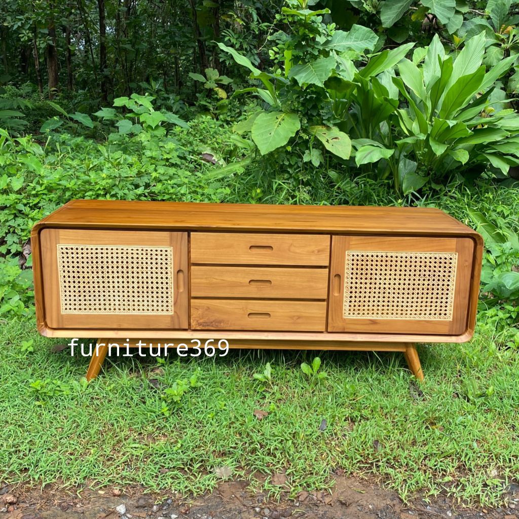 meja tv minimalis rotan kayu jati, bufet tv minimalis jati rotan, buffet tv jati rotan minimalis
