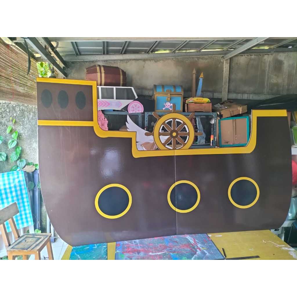 Dekorasi kapal laut tinggi 2,5 meter, kreasi DIY kardus tebal full stiker untuk pameran, event, pent