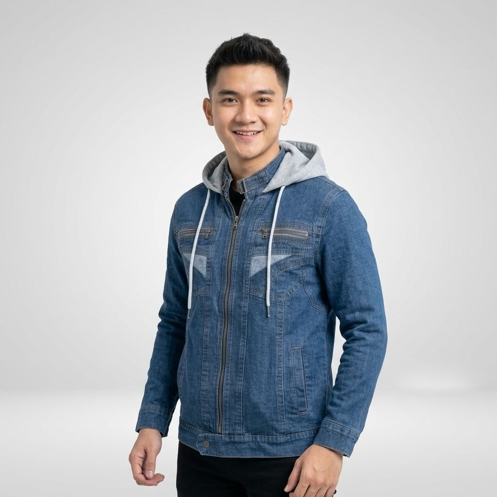 jaket jeans zipper hoodie pria wanita  hitam denim keren