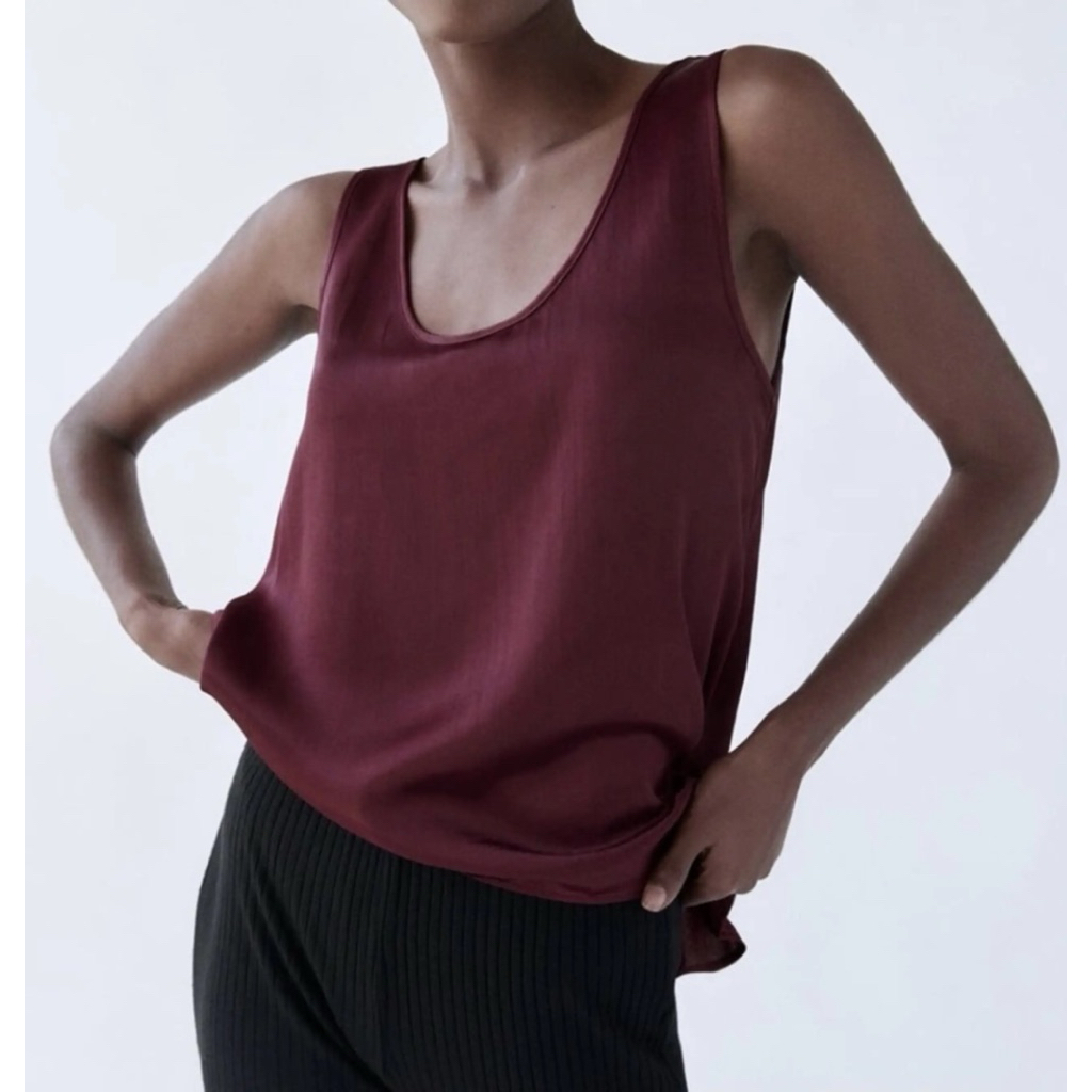 PRELOVED Zara Maroon Red Basic Satin Sleeveless Top Camisole Blouse Fashion Wanita