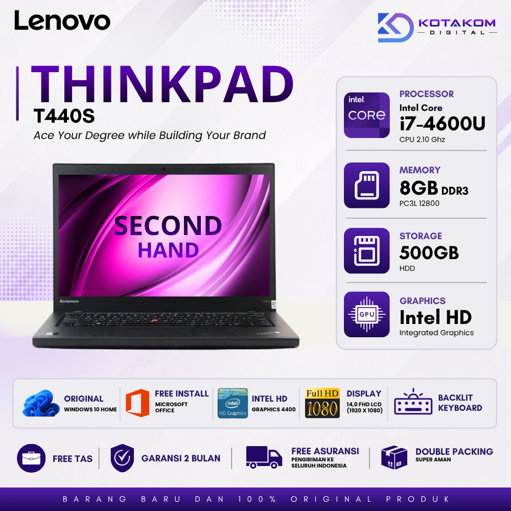 Lenovo ThinkPad T440s Core i7 Ram 8GB Windows 10 14" FHD Backlit Keyboard - KOTAKOM